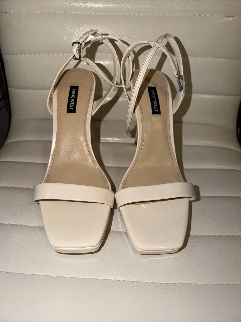 Nine West Cream Square-Toe Ankle-Strap Heels